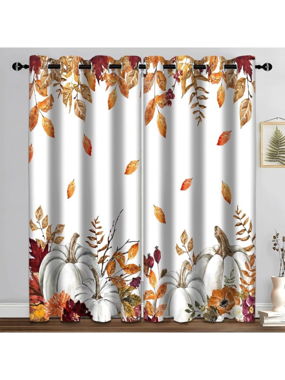 Autumn Leaves Blackout Curtains - Fall Pumpkins & Maple Leaf Drapes, 2 Panels